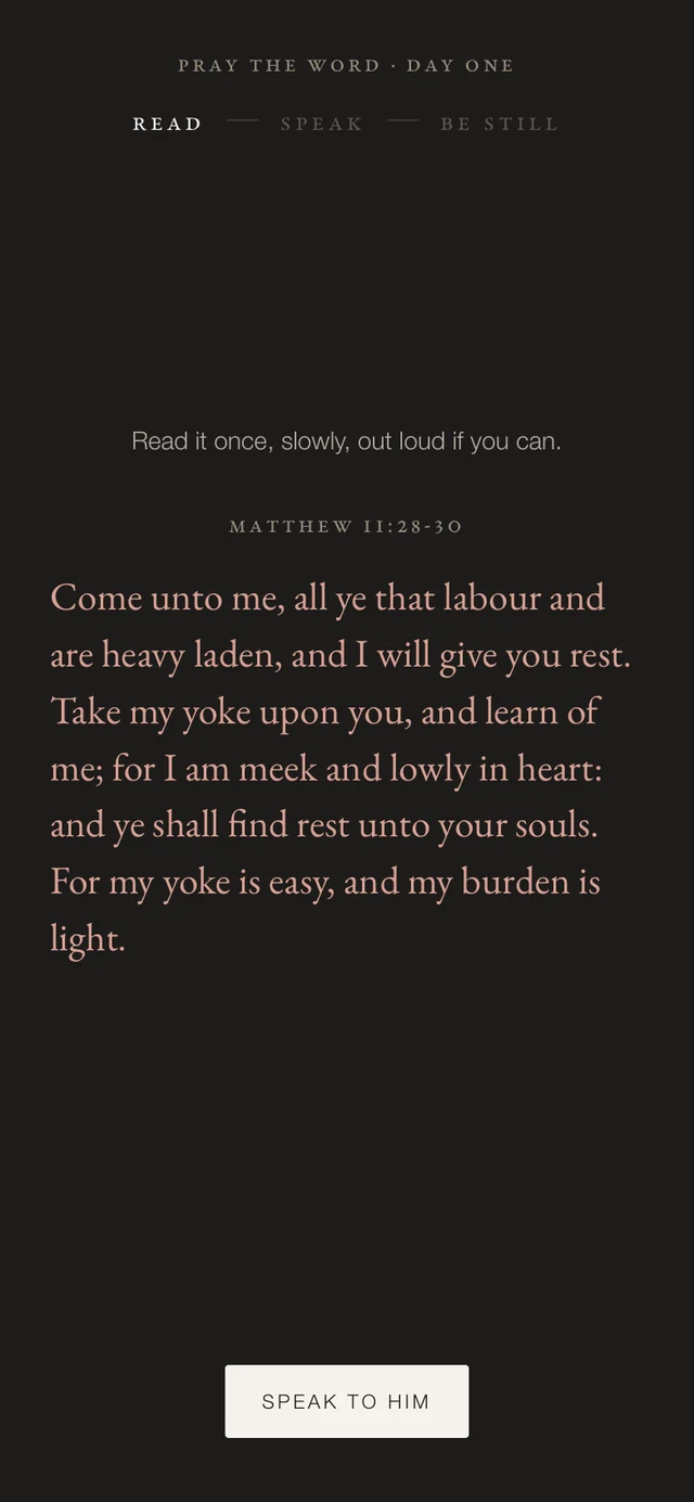 Pray the Word: the day's passage, read once, on a dark screen.